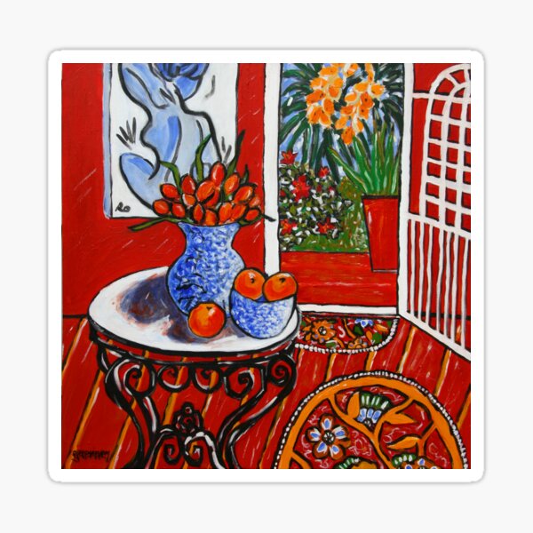 red interior with tropical garden view Sticker
