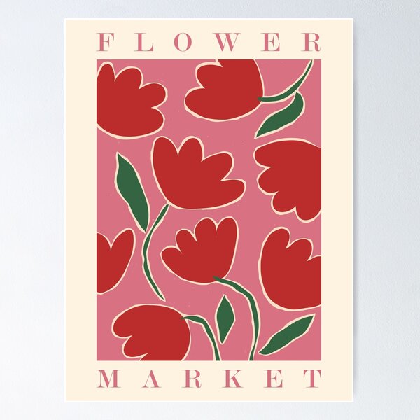 Item preview, Flower market, Red pink art, Colorful retro print, Botanical, Aesthetic poster, Abstract flowers, Tulips designed and sold by KristinityArt.