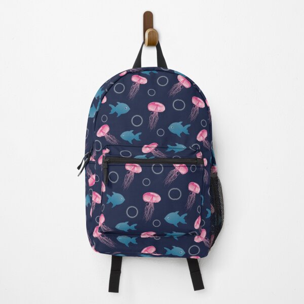 Item preview, Blue fish and pink jellyfish in the dark blue sea designed and sold by Ninaeva.