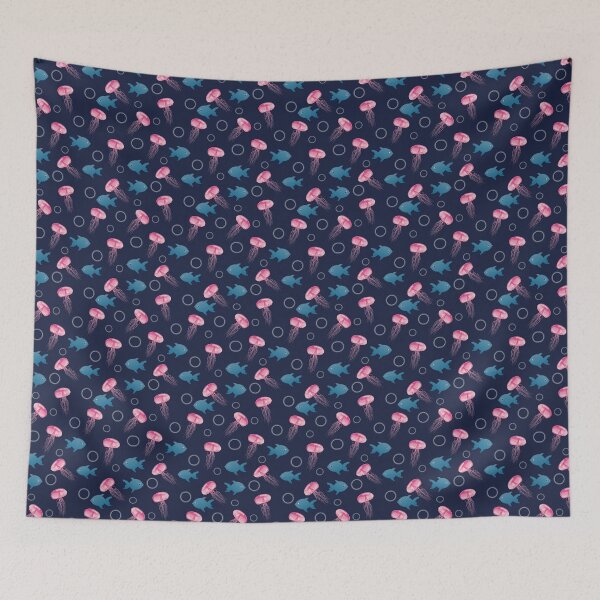 Item preview, Blue fish and pink jellyfish in the dark blue sea designed and sold by Ninaeva.