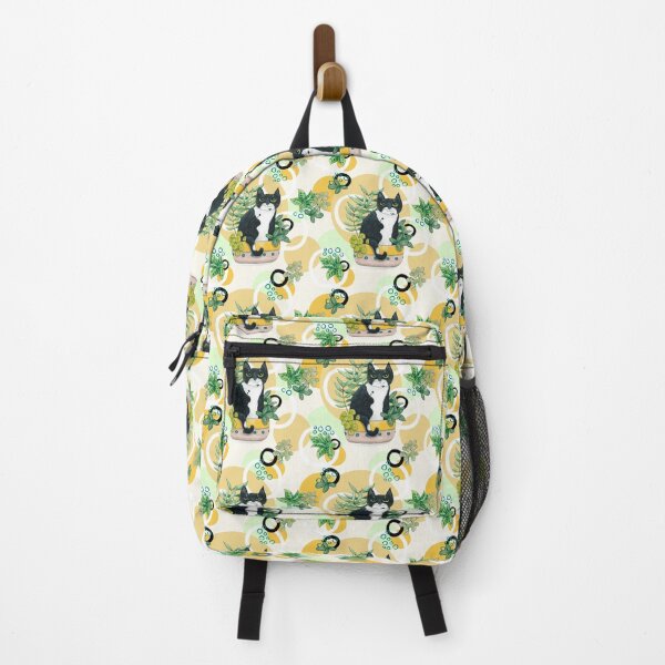 Naughty Tuxedo Cat Sitting in a House Plant Pattern Backpack