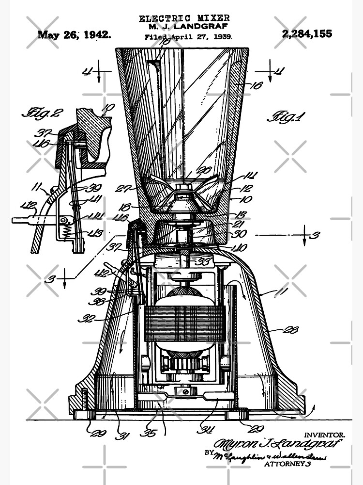 "Art print reproduction of a vintage patent for an electric foodmixer