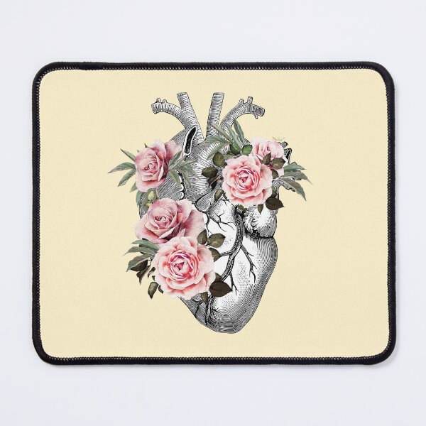 Item preview, Human heart illustration art, lightpink roses and green leaves, vintage effect designed and sold by Collagedream.