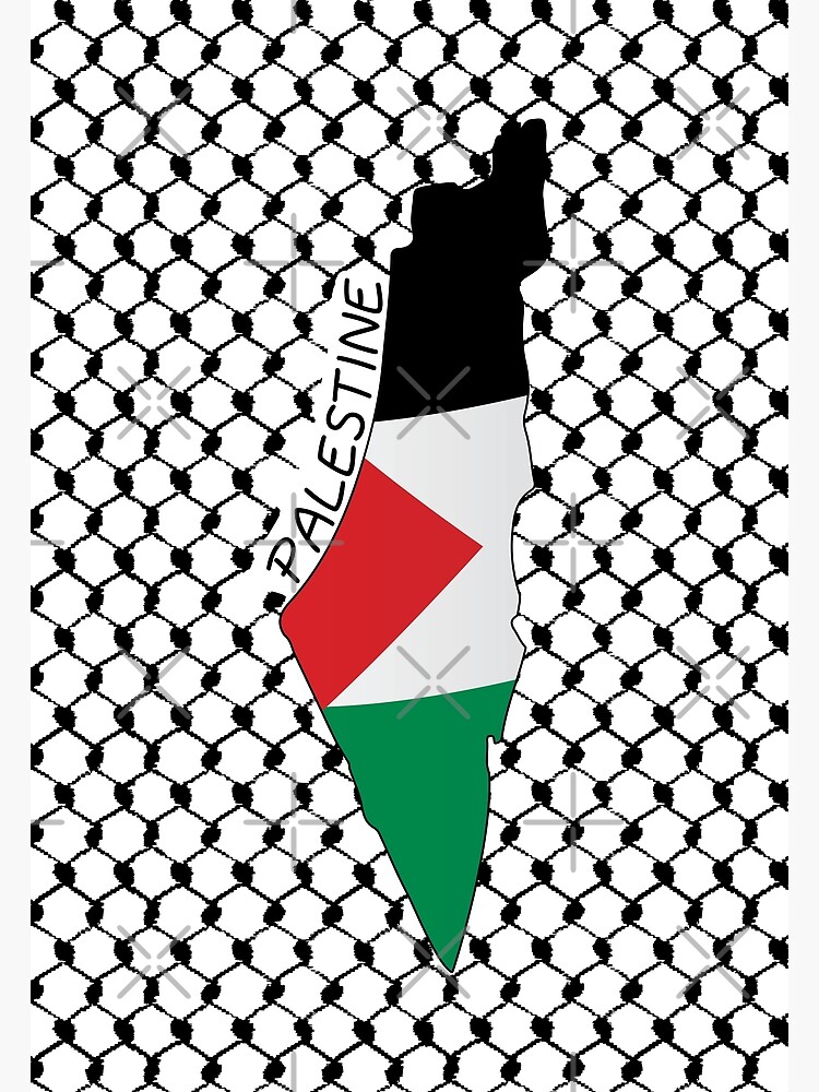 Écharpe palestinienne avec le drapeau de la Palestine et la carte de la  Palestine d'un côté et de l'autre le motif keffieh et le dôme du…