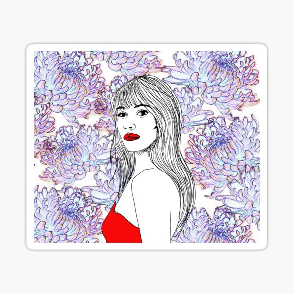 Sexy and sensual woman with purple, blue and yellow chrysanthemums background Sticker