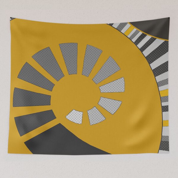 Aperçu de l'œuvre Abstract, geometric, spiral, stripes, polka dots, light and dark grey, yellow créée et vendue par Svitac.
