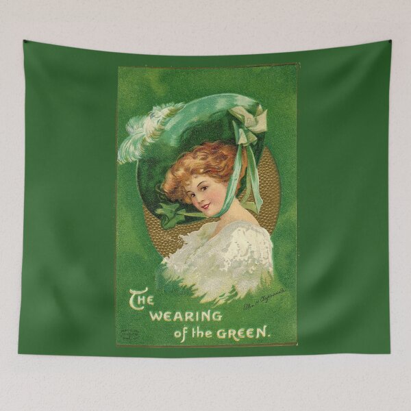 Item preview, Antique St. Patrick's Day Card Wearing of the green Red hair Pretty Irish girl lass lassie redhead with bonnet designed and sold by Vicki Noble Art.