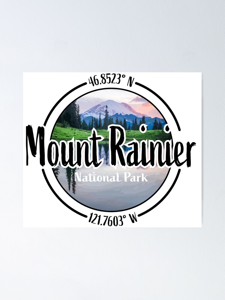 "Mount Rainier Design with Latitude and Longitude" Poster by