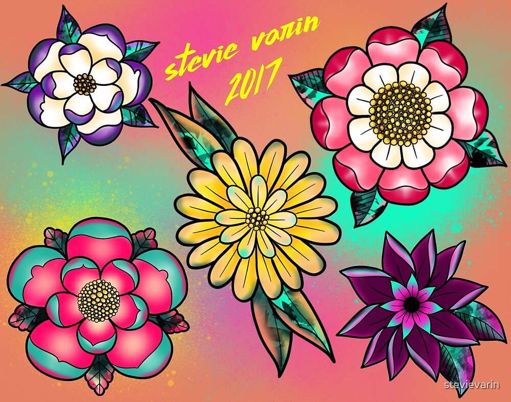 "Tattoo Flash '90s Nostalgia Flowers " by stevievarin Redbubble