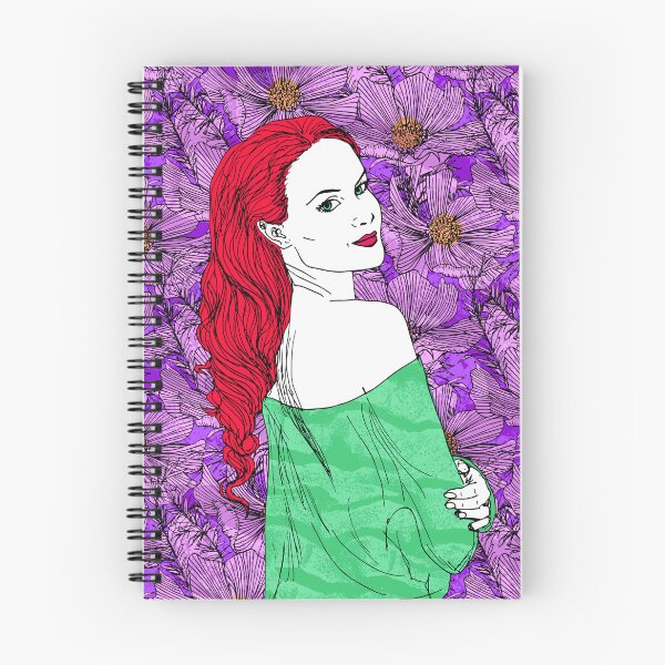 Item preview, Woman with red hair and green sweater, purple cosmos flowers background designed and sold by keera66.