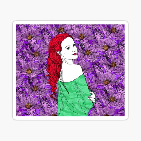 Woman with red hair and green sweater, purple cosmos flowers background Sticker