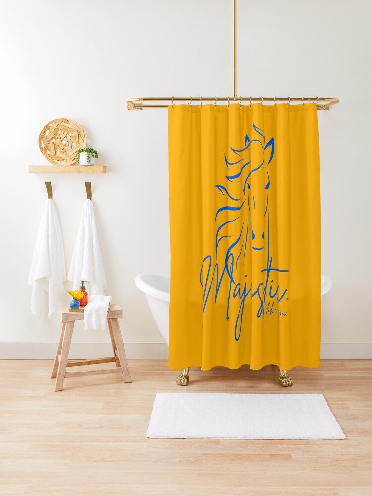 Thumbnail 1 of 5, Shower Curtain, "Majestic ... like you" Horse in Yellow and Blue designed and sold by DesignsbyEH.