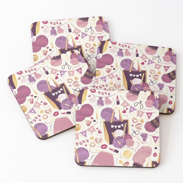 Item preview, Knitting party // romance white background pink violet and gold knit motifs designed and sold by SelmaCardoso.