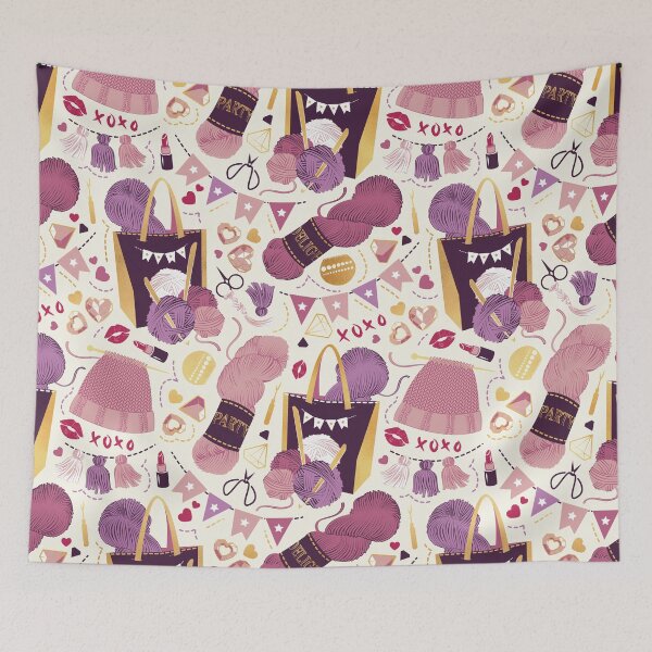 Item preview, Knitting party // romance white background pink violet and gold knit motifs designed and sold by SelmaCardoso.