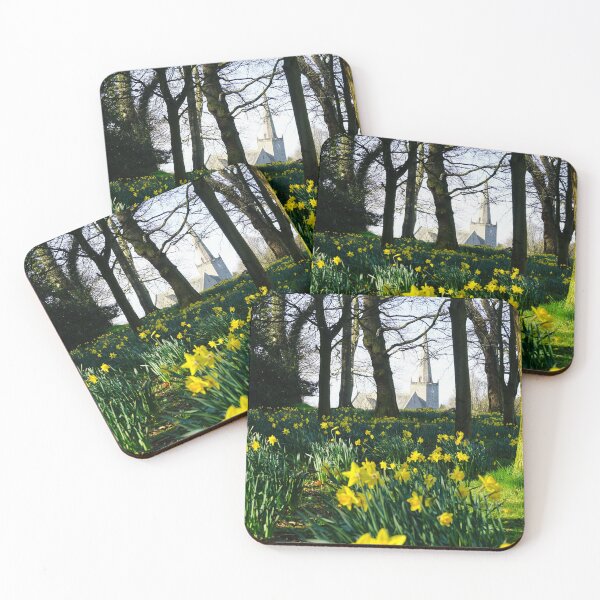 Item preview, Park full of daffodils and stone church in the background designed and sold by NavorolArt.