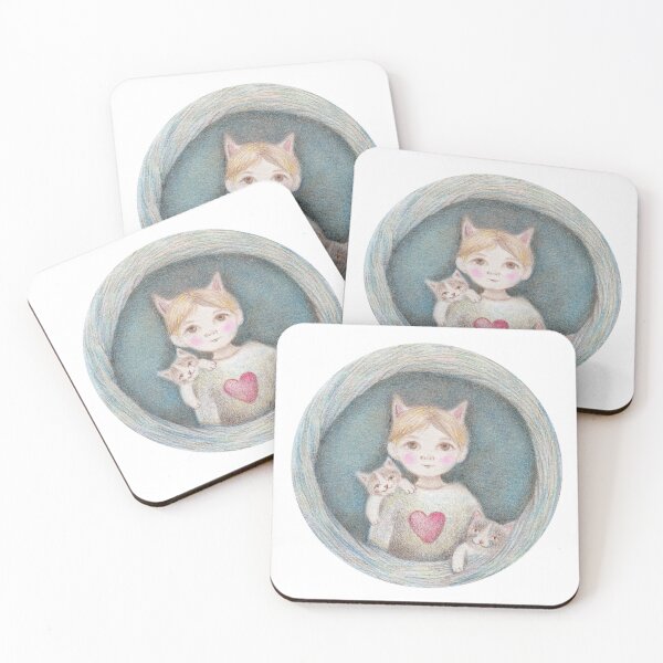Item preview, Adorable little cat lady with two sweet kittens on a coaster designed and sold by trudette.