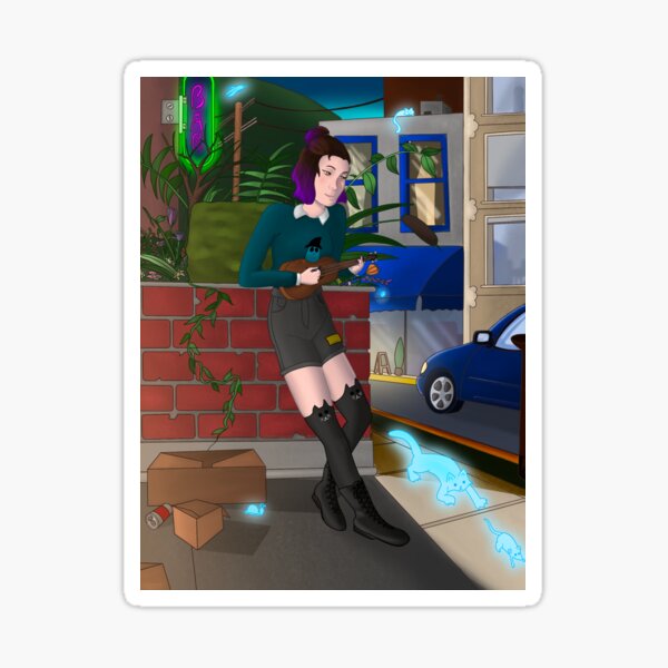 Ukelele Girl Plays for Ghosts Sticker