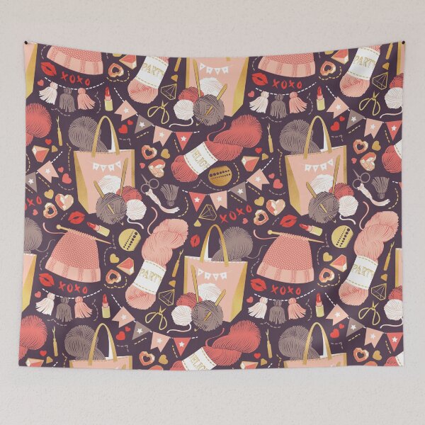 Item preview, Knitting party // brown coral flesh rose neon red and gold knit motifs designed and sold by SelmaCardoso.