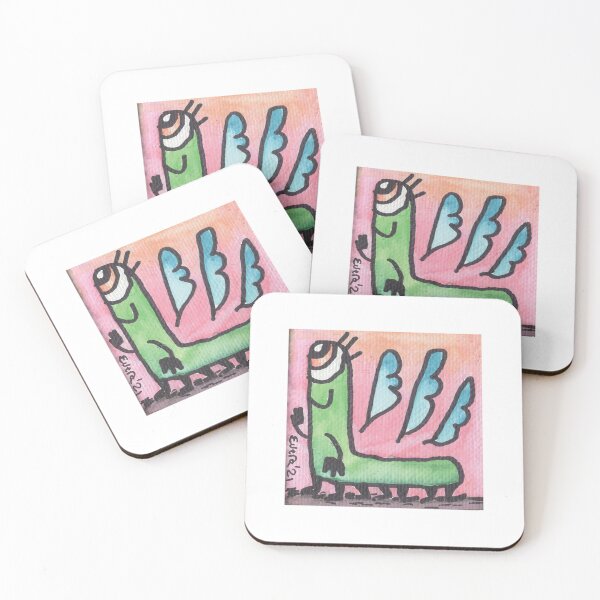 Item preview, Green Critter with Three Blue Wings on Pink Background designed and sold by everalovelace.