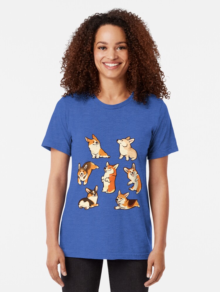 Alternate view of Jolly corgis in green Tri-blend T-Shirt