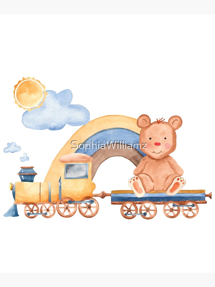 Cute little bear | locomotive train carriage | sun cloud and