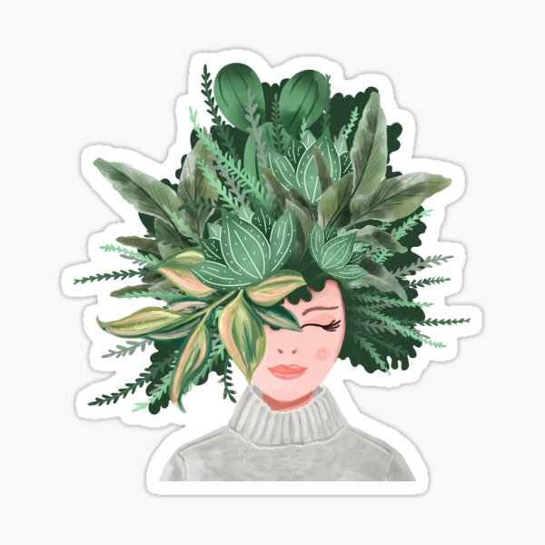 Crazy Plant Caucasian Lady Fun Watercolor Plant Lady Leafy Hairdo Sticker