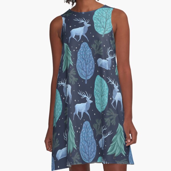 Blue Elks & Trees - Blue A-Line Dress