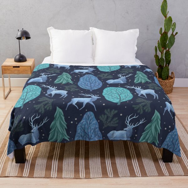 Blue Elks & Trees - Blue Throw Blanket
