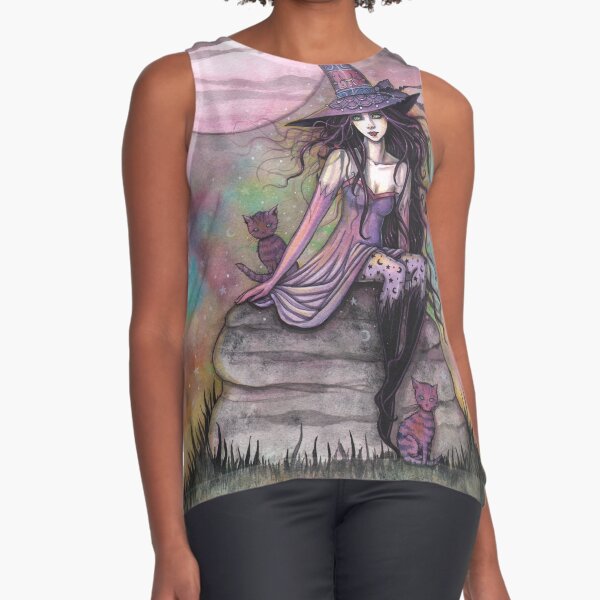 Enchanted Twilight Witch Cat Fantasy Art by Molly Harrison Sleeveless Top