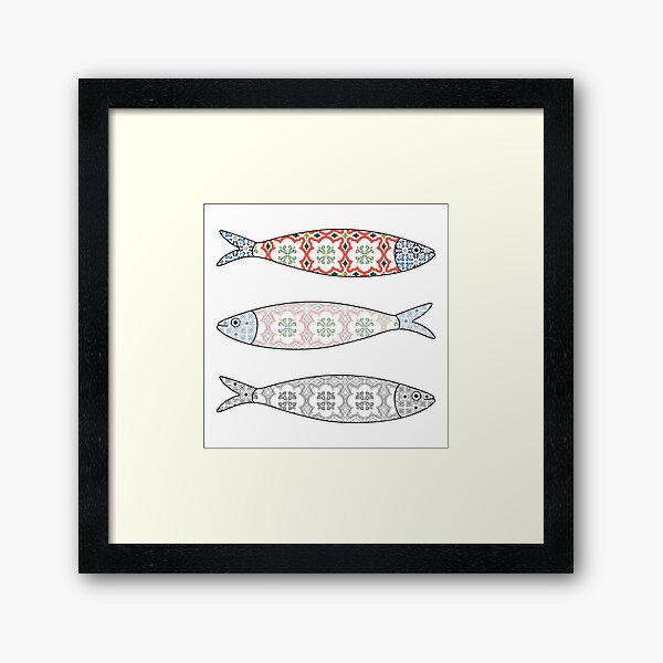 Traditional Portuguese icon. Colored sardines with typical Portuguese tiles patterns. Vector illustration Framed Art Print