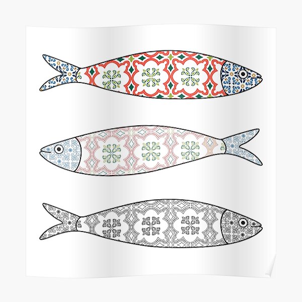 Traditional Portuguese icon. Colored sardines with typical Portuguese tiles patterns. Vector illustration Poster