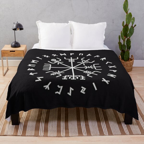 Viking Norse Protection Compass with Circle Runes Grunge Texture Engraving Black Background HD High Quality Throw Blanket
