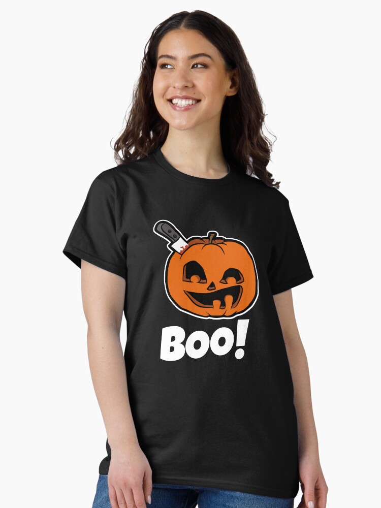 Thumbnail 2 of 7, Classic T-Shirt, Silly Pumpkin Face With Knife in Head Boo For Halloween Kawaii Style designed and sold by brandoseven.