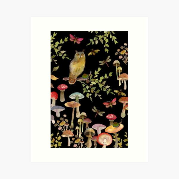 Cottagecore Owls Mushrooms Dragonflies Bees and Leaves on Black Art Print