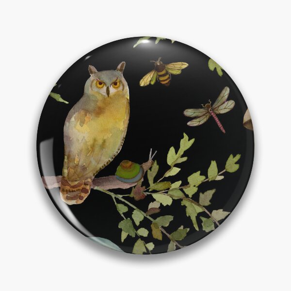 Item preview,  Cottagecore Owls  Mushrooms Dragonflies  Bees and Leaves on Black designed and sold by Sue Zipkin.