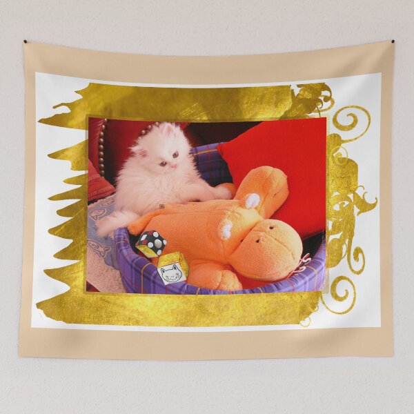 Item preview, White Persian Fluffy Baby Cat Vanda Playing with A Hippo and Dices (Photo by ACCI) on Gold designed and sold by VanyssaGraphics.