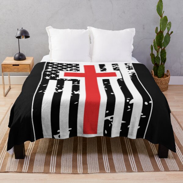 Item preview, USA distressed American flag Black and White Stars and Stripes Red Christian Cross designed and sold by UpwardSpin.