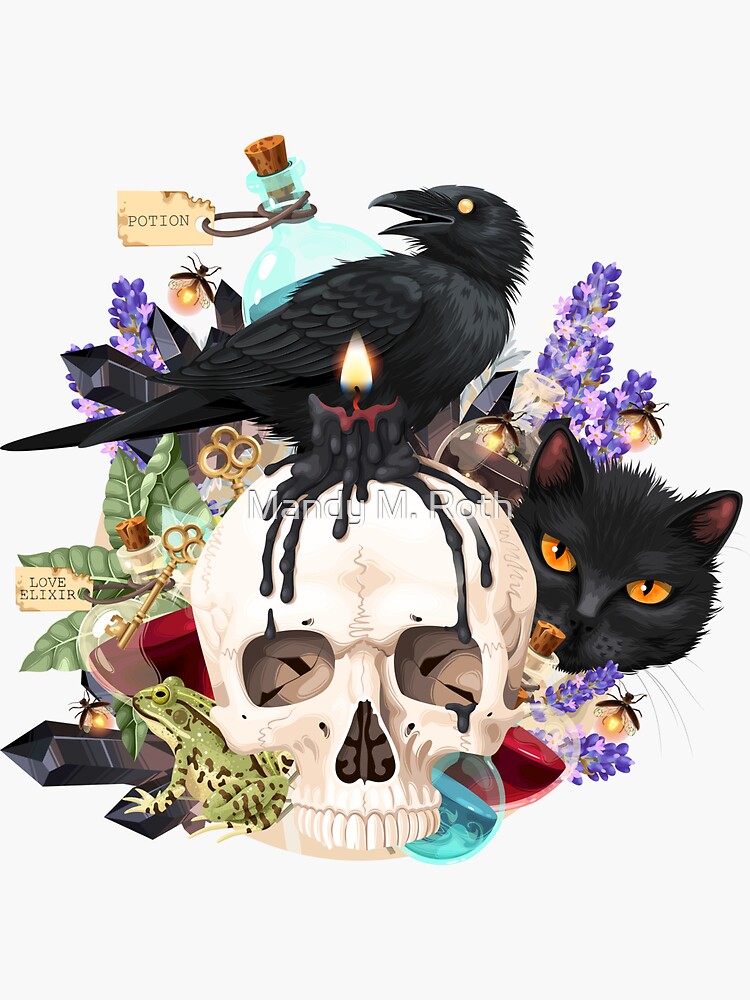 Thumbnail 3 of 3, Sticker, PWF: Raven Skull Cat designed and sold by mandymroth.