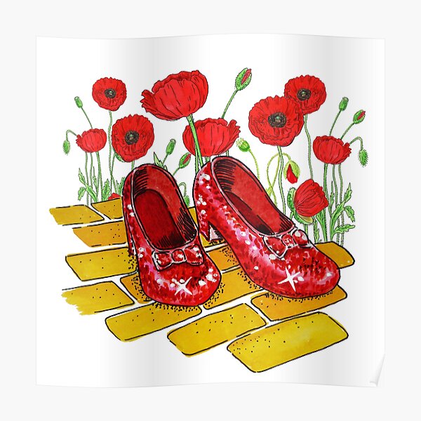Ruby Red Slippers And Red Poppies Yellow Brick Road Watercolor 
