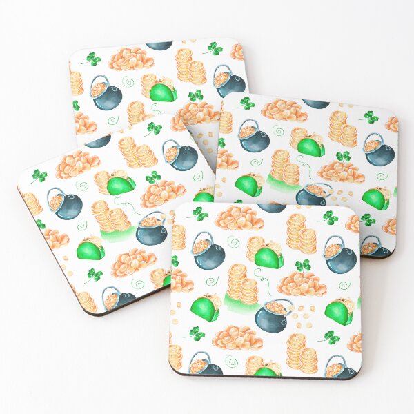 Item preview, St. Patrick's Day pattern. Leprechaun gold coins, a pot of gold, a purse and a four-leaf clover. Watercolor drawing.  designed and sold by Trilisti.