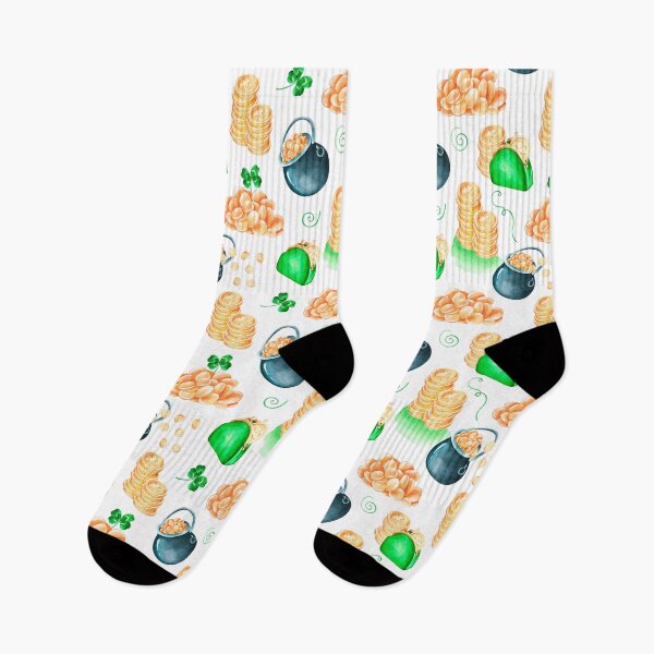Item preview, St. Patrick's Day pattern. Leprechaun gold coins, a pot of gold, a purse and a four-leaf clover. Watercolor drawing.  designed and sold by Trilisti.