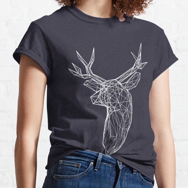 3D White Line Stag Deer Polygon Head Classic T-Shirt