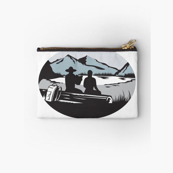Item preview, Two Trampers Sitting on Log Lake Mountain Oval Woodcut designed and sold by patrimonio.