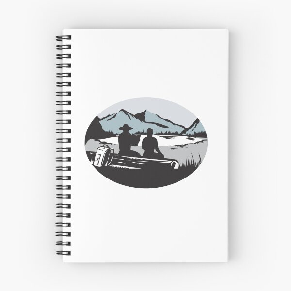 Item preview, Two Trampers Sitting on Log Lake Mountain Oval Woodcut designed and sold by patrimonio.