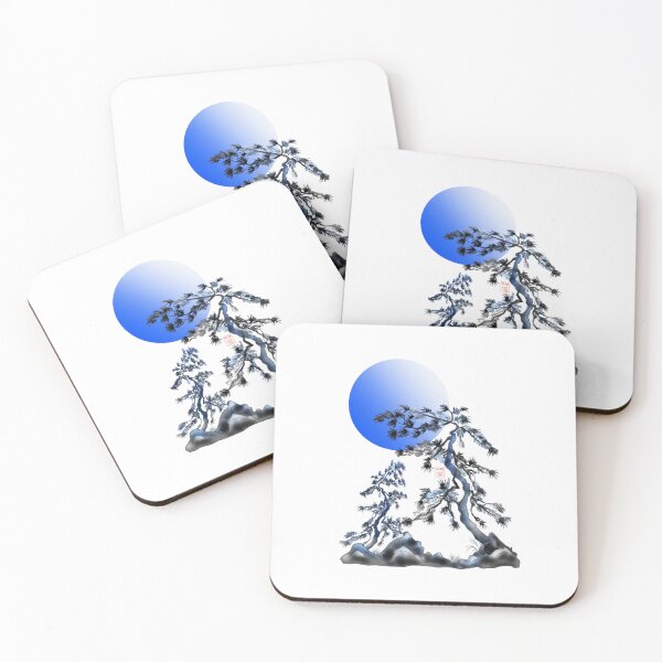 Item preview, Japanese ink sumie pine trees under a blue moon designed and sold by CuisineCat.