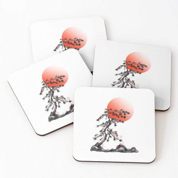 Item preview, Rising sun with Japanese ink sumie style pine trees designed and sold by CuisineCat.