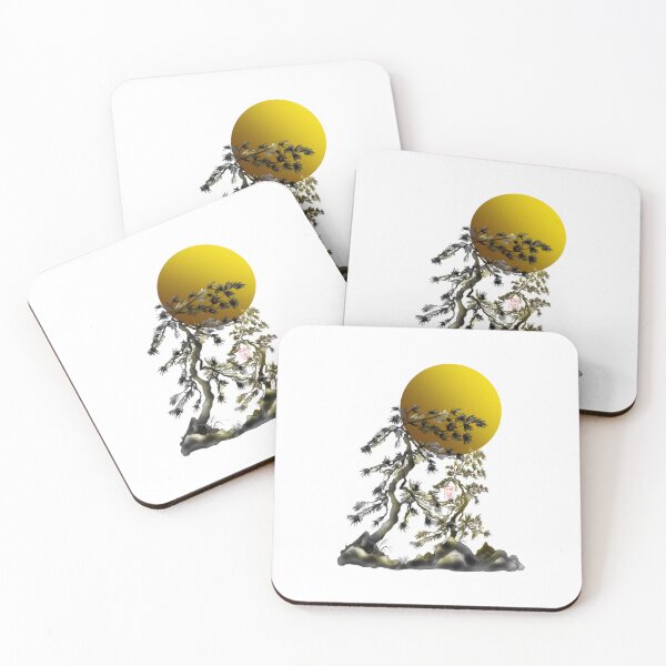 Item preview, Big yellow sun with Japanese watercolor ink sumie style pine trees designed and sold by CuisineCat.