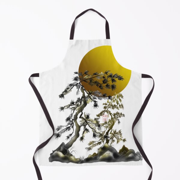 Item preview, Big yellow sun with Japanese watercolor ink sumie style pine trees designed and sold by CuisineCat.