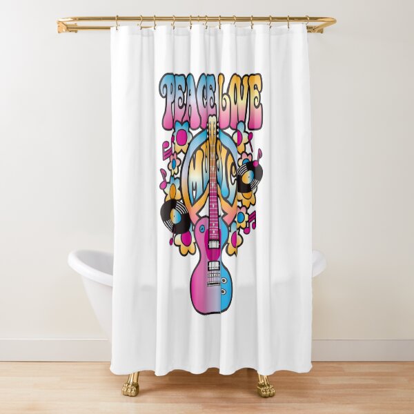 Colorful Shower Curtain Peace Love Vinyl Music Print for Bathroom 