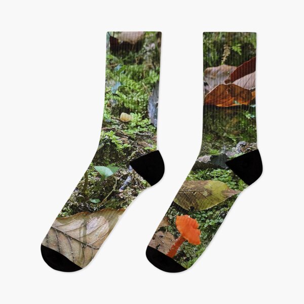 Item preview, Tiny bright orange mushrooms on a forest floor of green moss designed and sold by GatheringMoss.